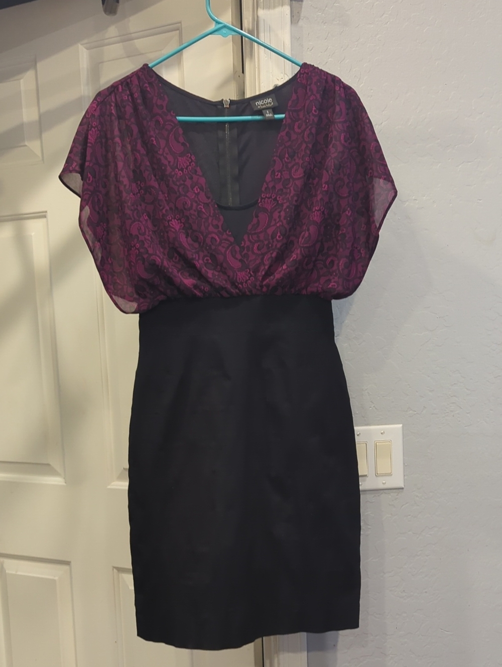 Nicole Miller Black Midi Dress with Plum Lace Bodice